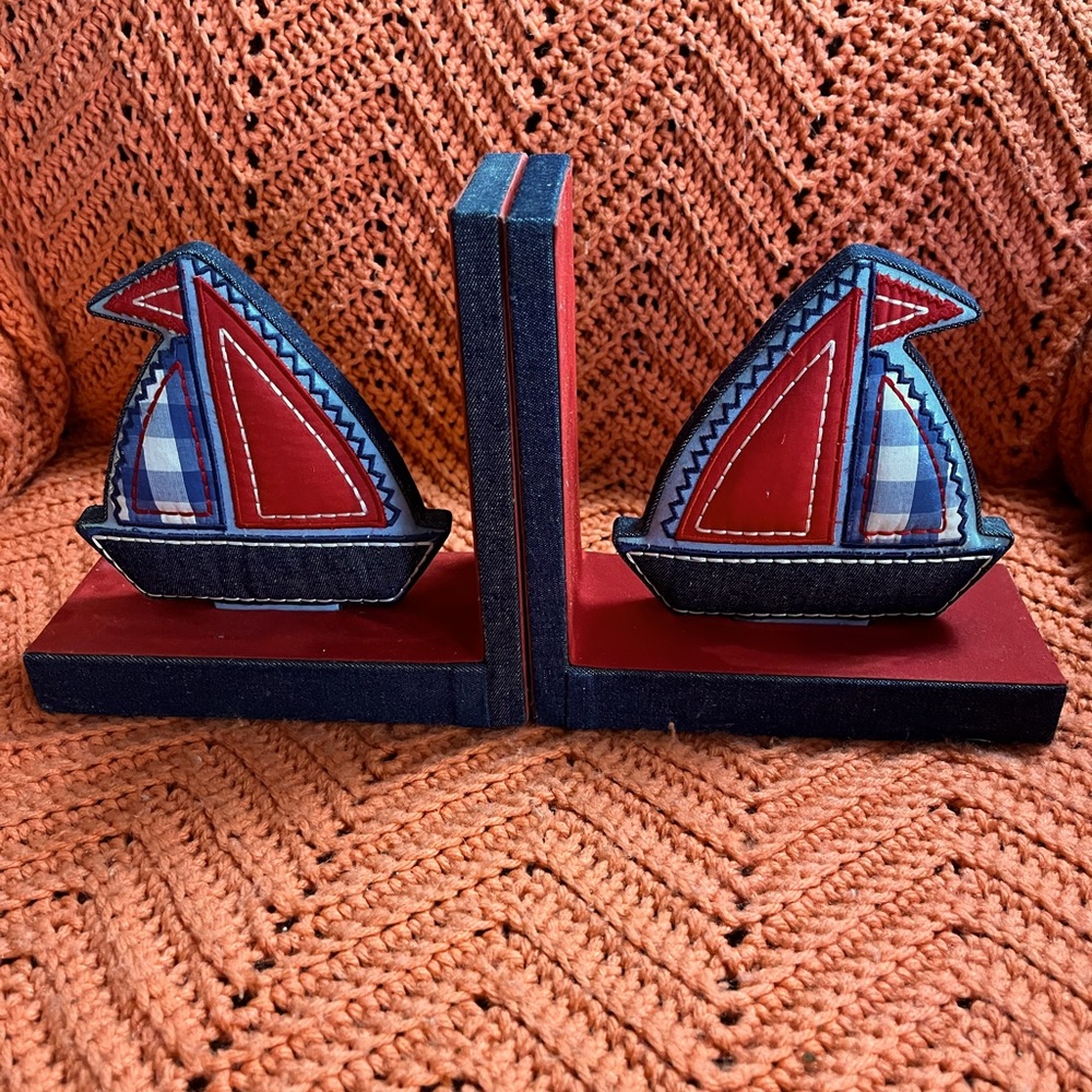 Sailboat Bookends, 7”s wide X 7”s tall, red white and blue, trimmed in blue Jean